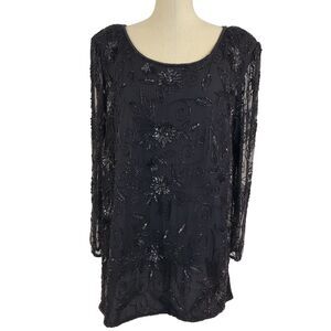 Vtg 90s 80s Stenay Black Sequin Beaded Silk Sheer Floral Tunic Top XL Whimsigoth
